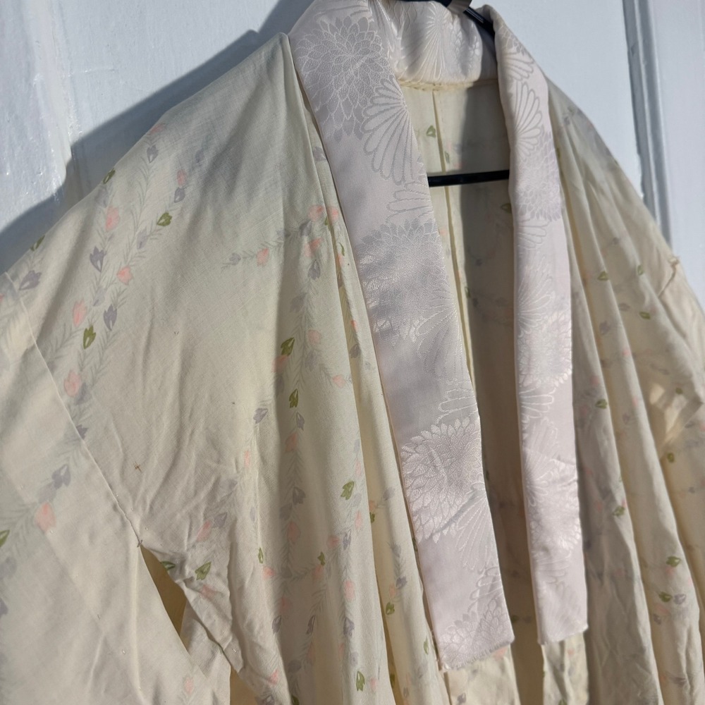 Vtg Japanese Cotton Kimono Robe Cream Floral Sakura Cherry Blossom Loungewear - Picture 6 of 8